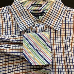 Tommy Hilfiger 80s 2 Ply Fabric Mens Button Down Size XXL Plaid Flip Cuff Y2K